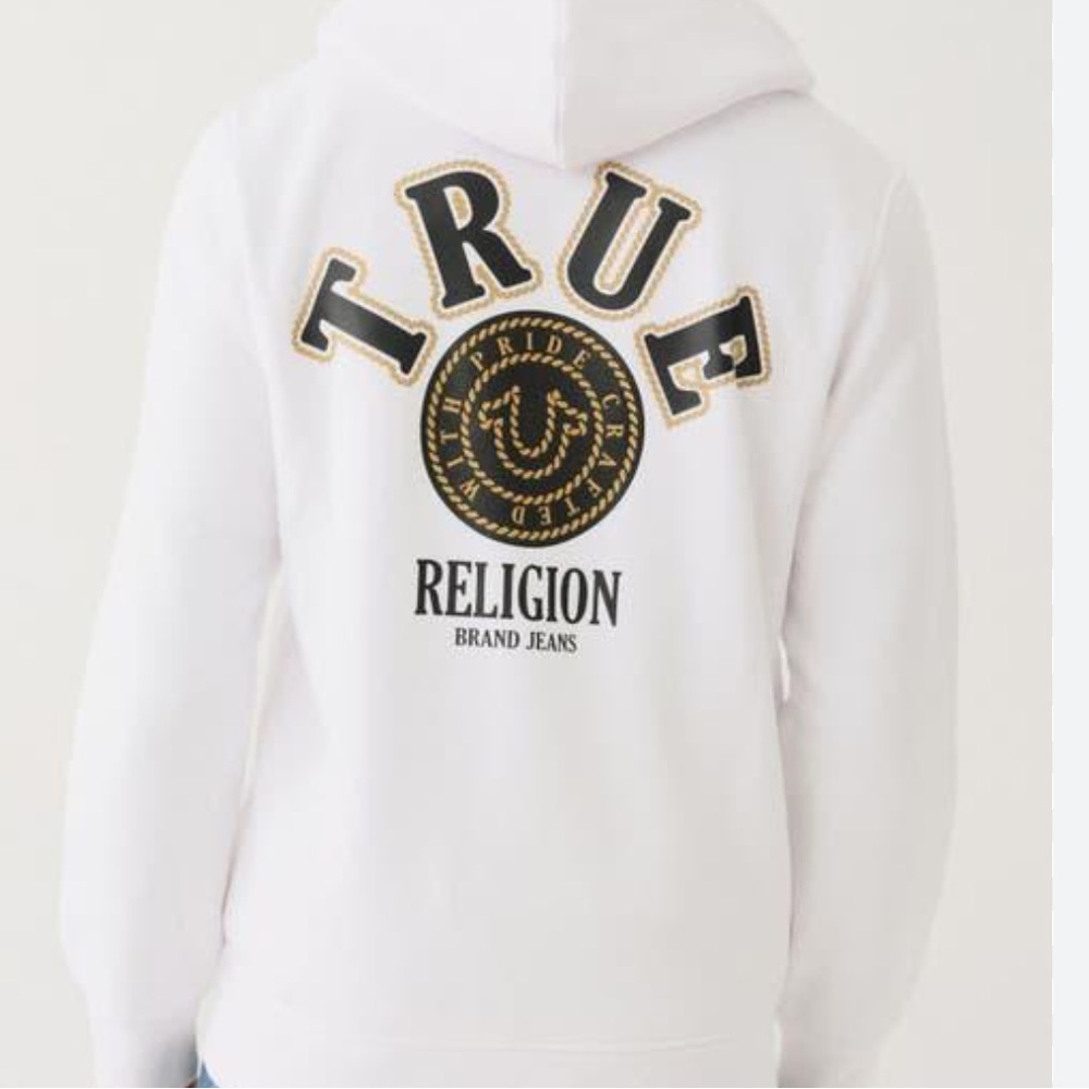 True Religion college zip up white hoodie